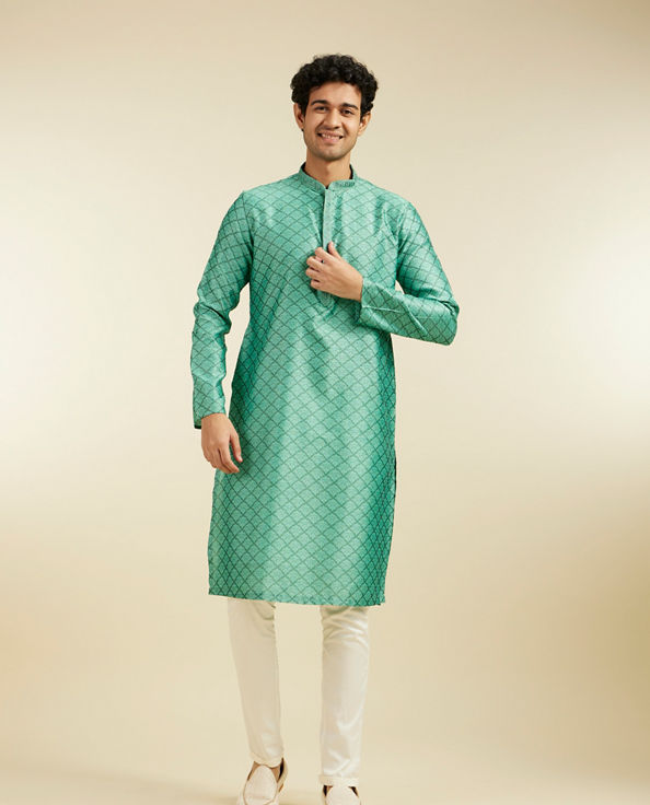 alt message - Diwas Men Soft Green Jaal Patterned Kurta image number 2