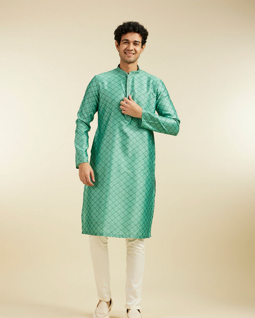 Diwas Men Soft Green Jaal Patterned Kurta