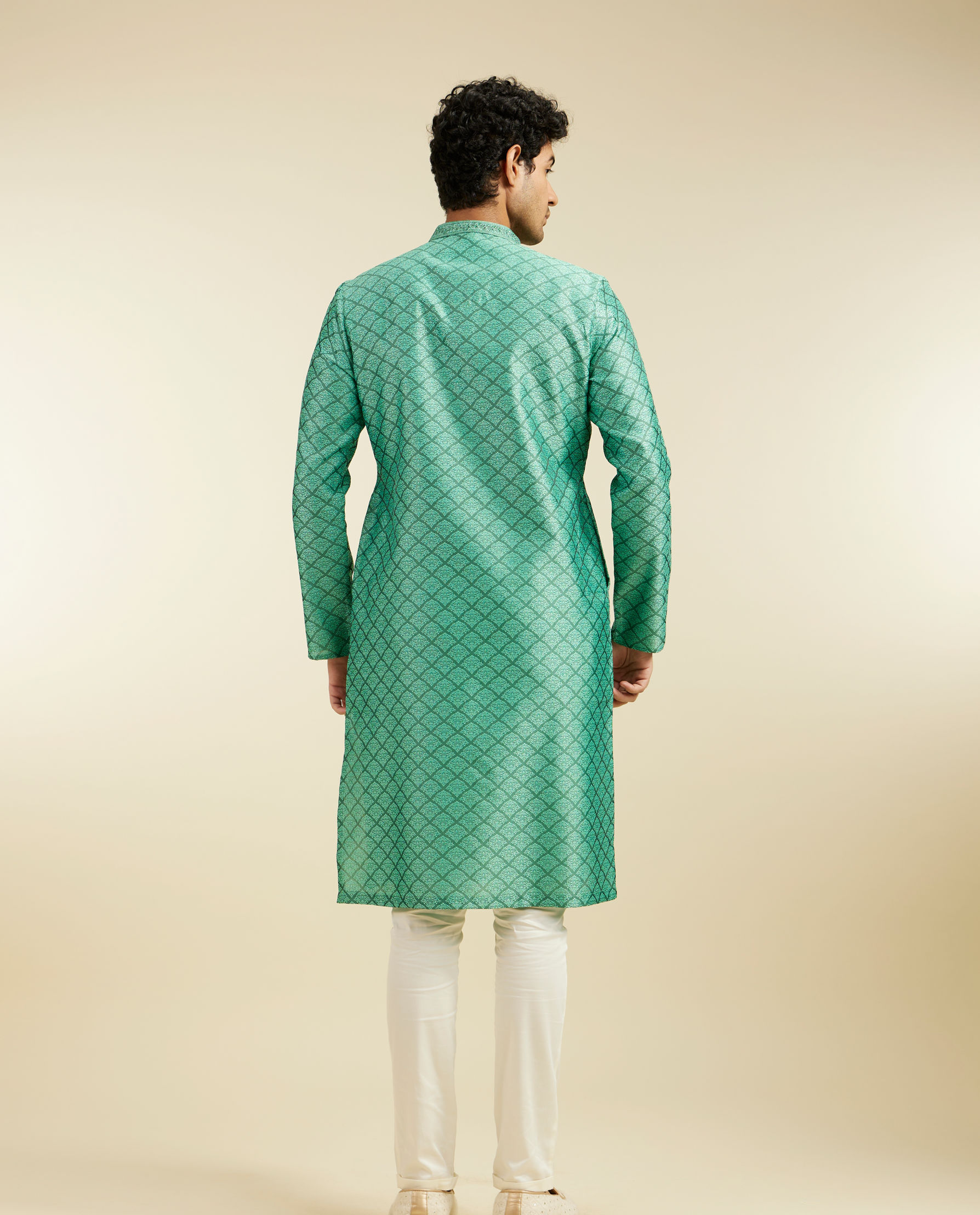 Diwas Men Soft Green Jaal Patterned Kurta