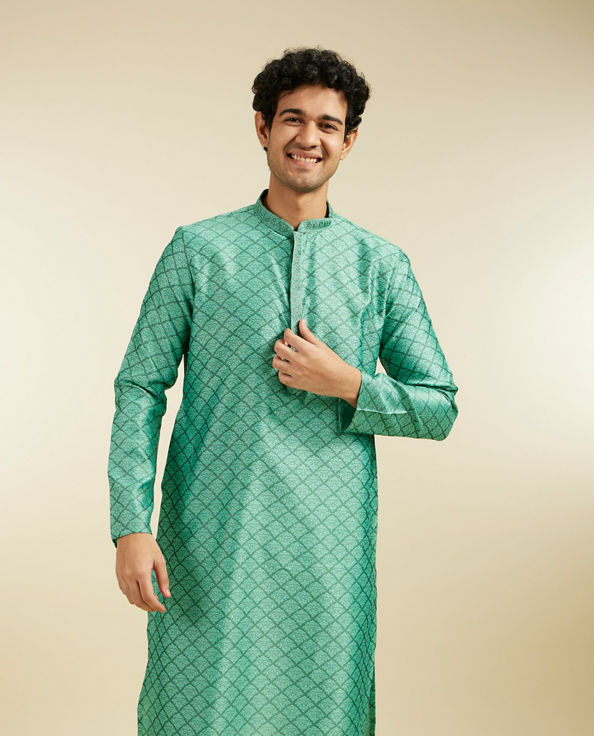 Diwas Men Soft Green Jaal Patterned Kurta