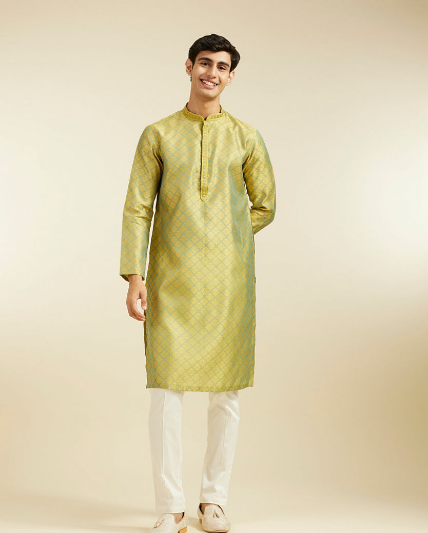 Diwas Men Mehndi Green Jaal Patterned Kurta