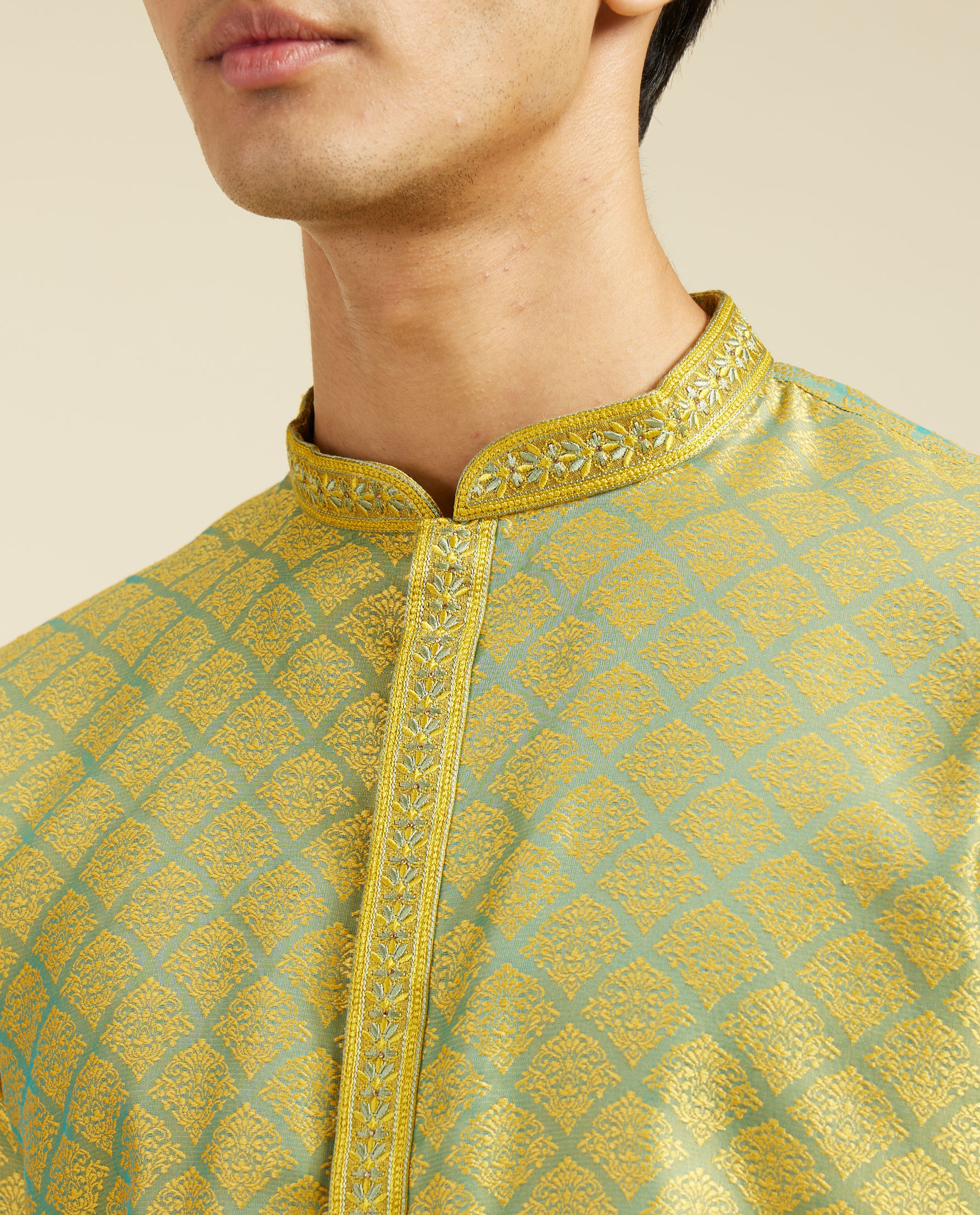 Diwas Men Mehndi Green Jaal Patterned Kurta