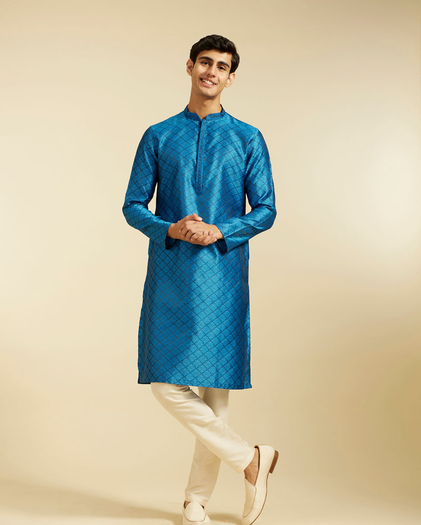 alt message - Diwas Men Lapis Blue Jaal Patterned Kurta image number 2