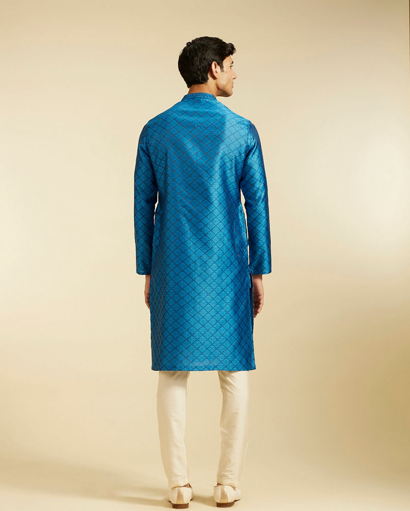 alt message - Diwas Men Lapis Blue Jaal Patterned Kurta image number 4