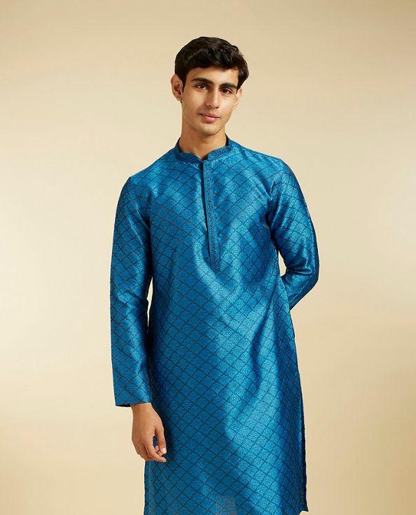 alt message - Diwas Men Lapis Blue Jaal Patterned Kurta image number 0