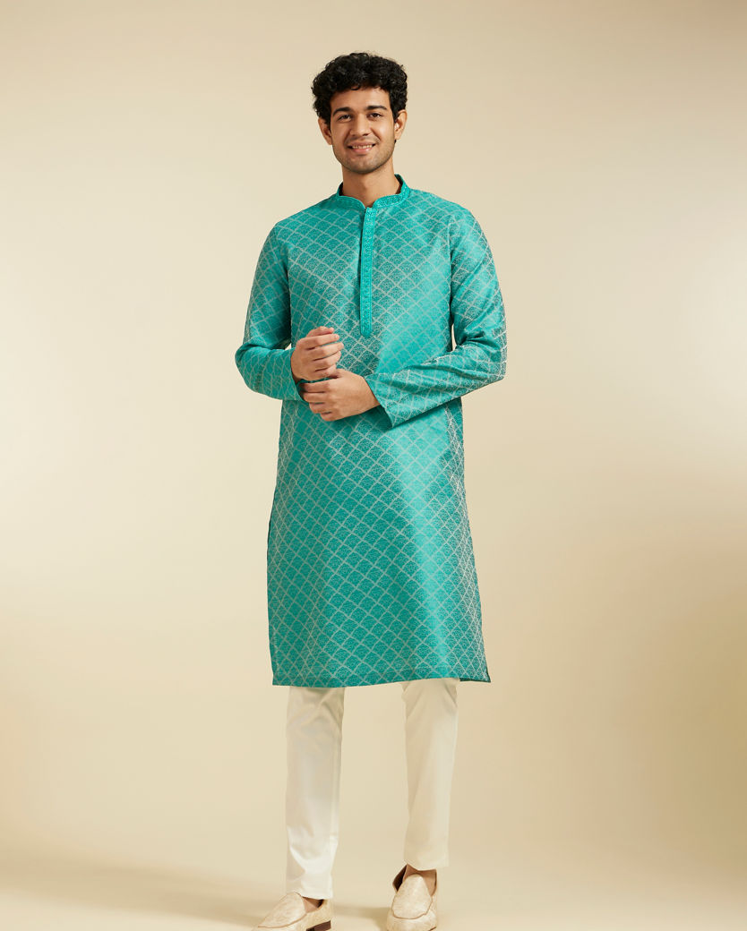 Diwas Men Turquoise Blue Jaal Patterned Kurta