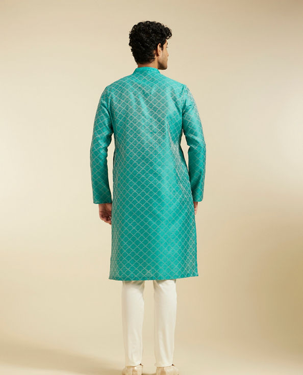 alt message - Diwas Men Turquoise Blue Jaal Patterned Kurta image number 4