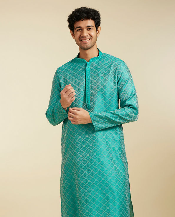 Diwas Men Turquoise Blue Jaal Patterned Kurta