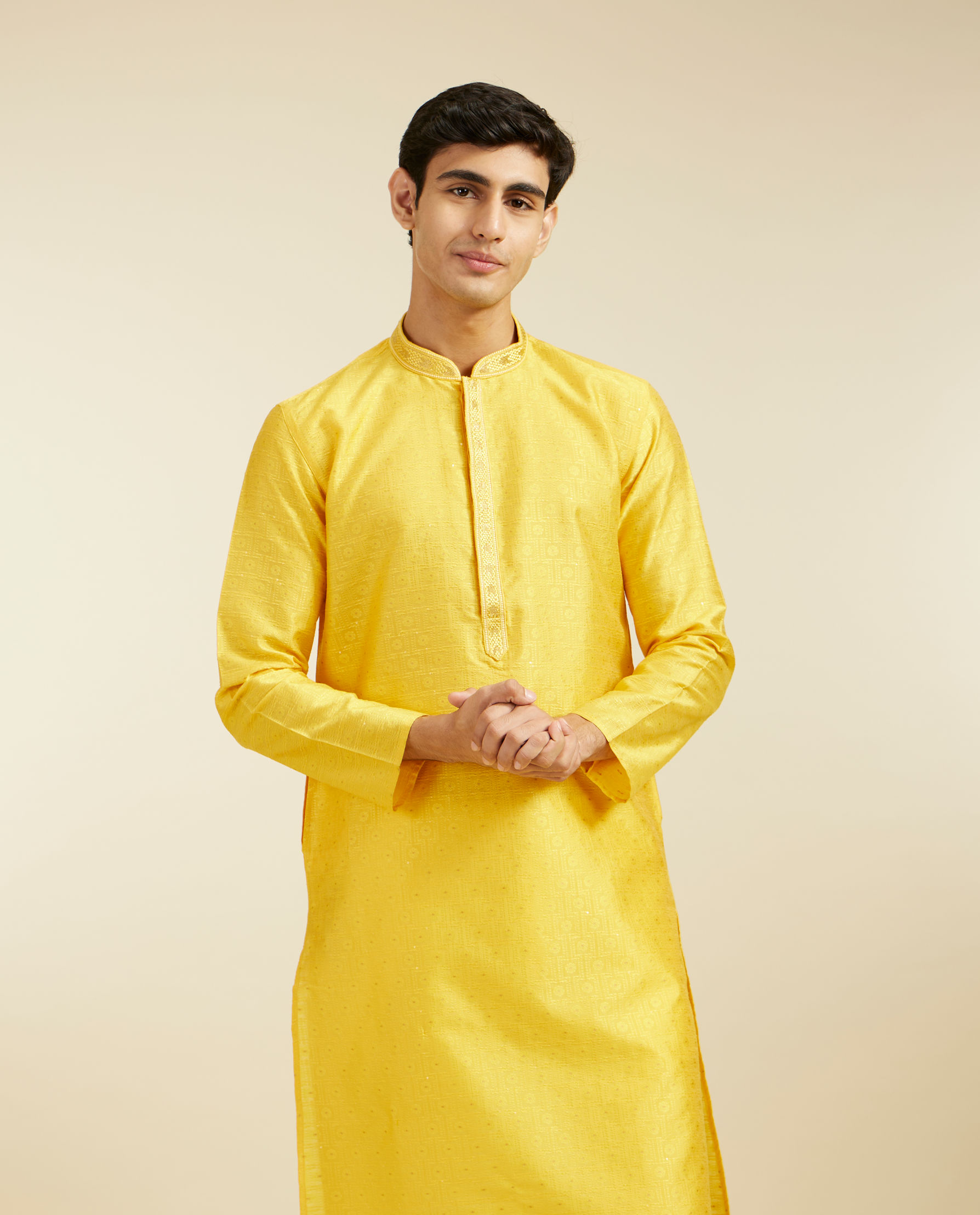 alt message - Diwas Men Sunshine Yellow Jaal Kurta with Rhinestones image number 0