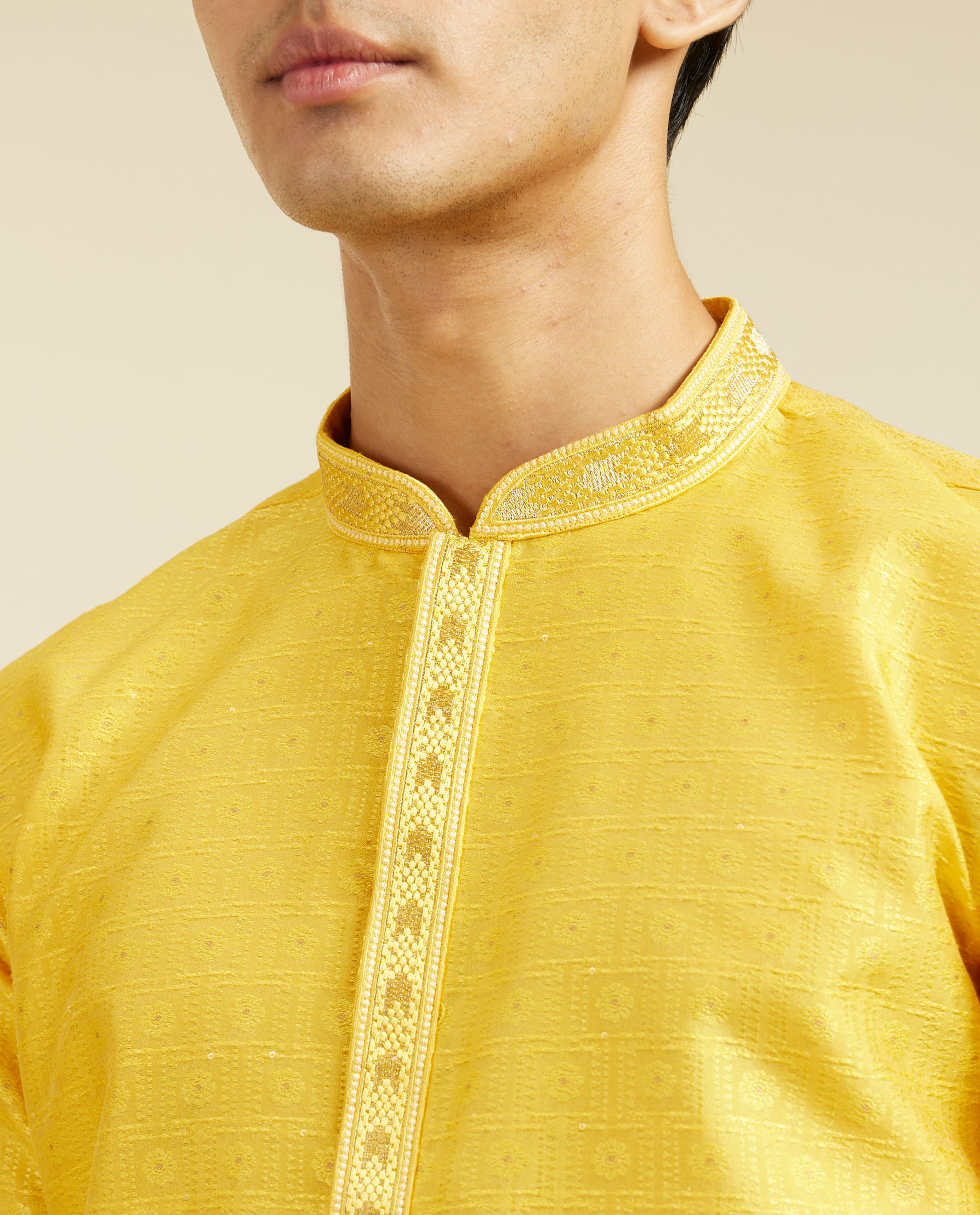 alt message - Diwas Men Sunshine Yellow Jaal Kurta with Rhinestones image number 1