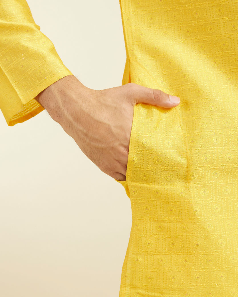 Diwas Men Sunshine Yellow Jaal Patterned Kurta with Rhinestones