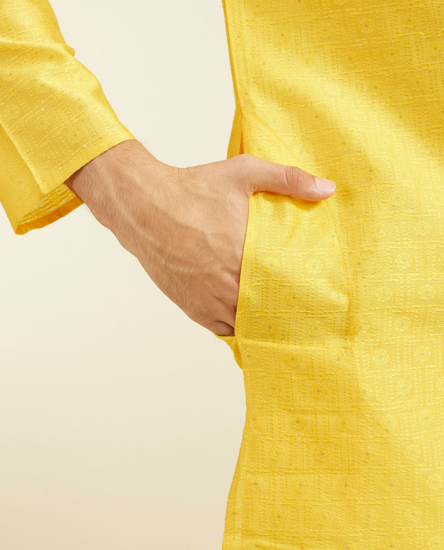 Diwas Men Sunshine Yellow Jaal Patterned Kurta with Rhinestones