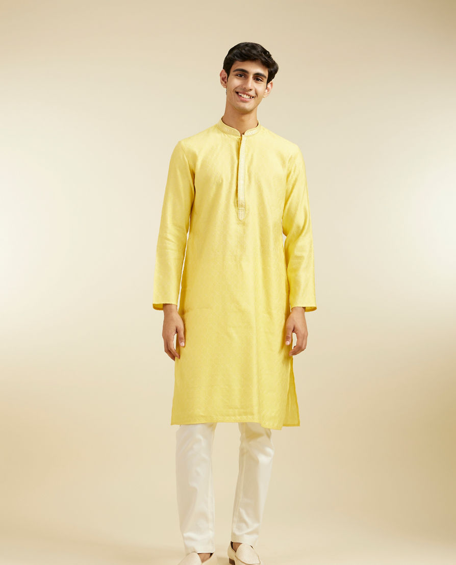 Diwas Men Sunshine Yellow Honeycomb Patterned Kurta