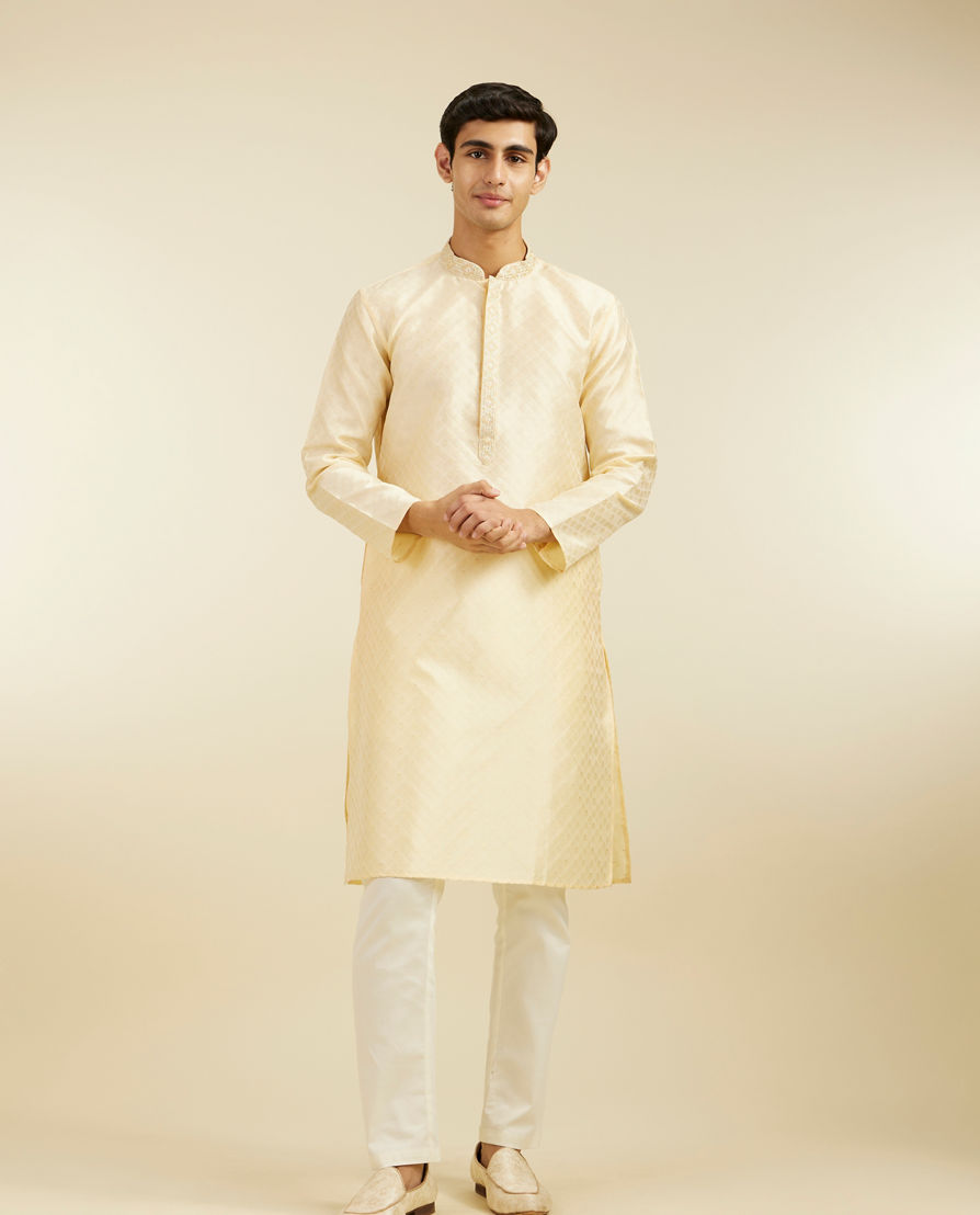 Diwas Men Sand Beige Grid Patterned Kurta with Embroidered Placket