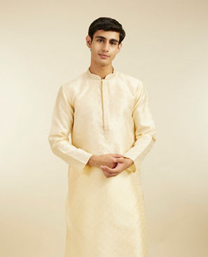 Diwas Men Sand Beige Grid Patterned Kurta with Embroidered Placket