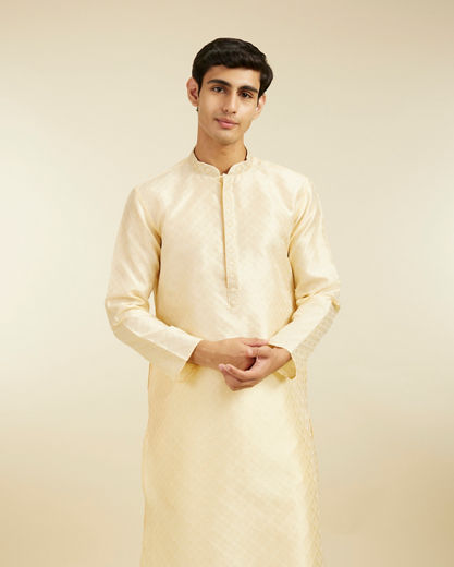 Diwas Men Sand Beige Grid Patterned Kurta with Embroidered Placket