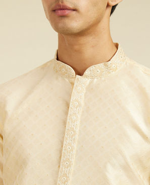 Diwas Men Sand Beige Grid Patterned Kurta with Embroidered Placket