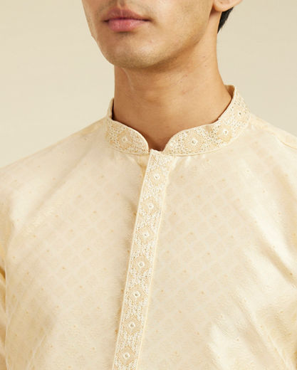 Diwas Men Sand Beige Grid Patterned Kurta with Embroidered Placket