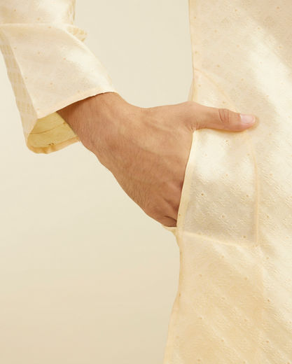 Diwas Men Sand Beige Grid Patterned Kurta with Embroidered Placket