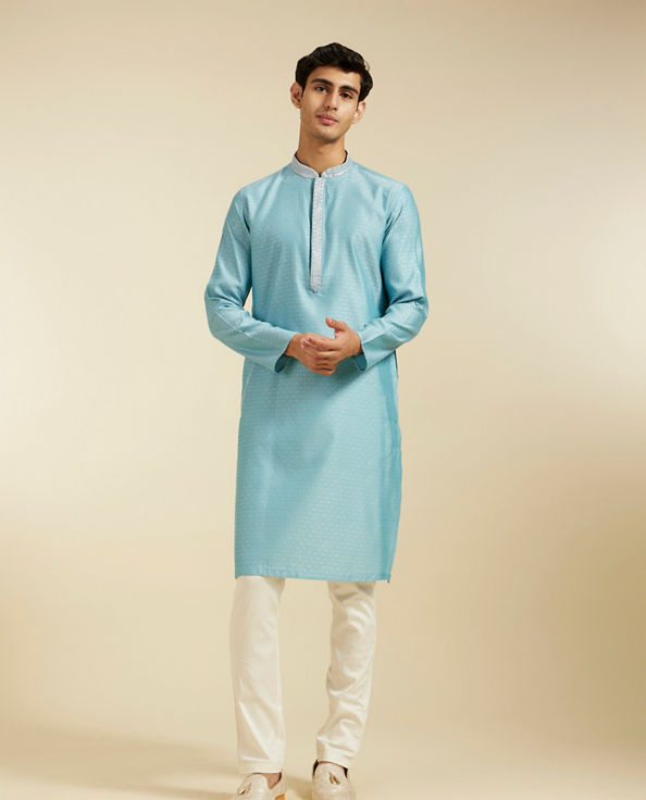 Diwas Men Powder Blue Floral Buta Patterned Kurta with Sequinned Neckline