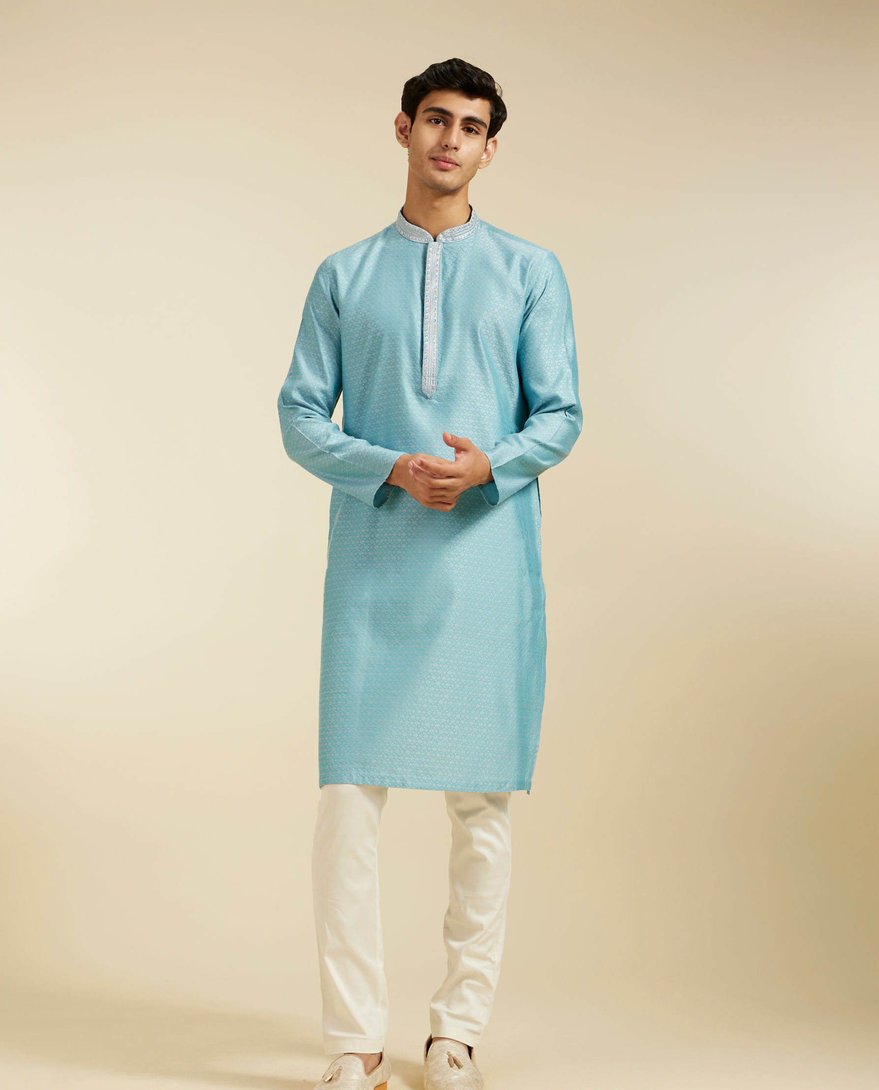 Diwas Men Powder Blue Floral Buta Patterned Kurta with Sequinned Neckline