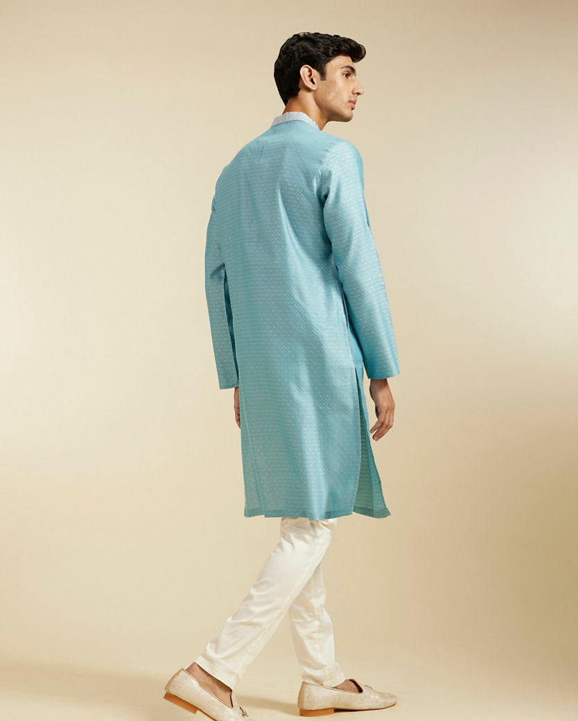 Diwas Men Powder Blue Floral Buta Patterned Kurta with Sequinned Neckline