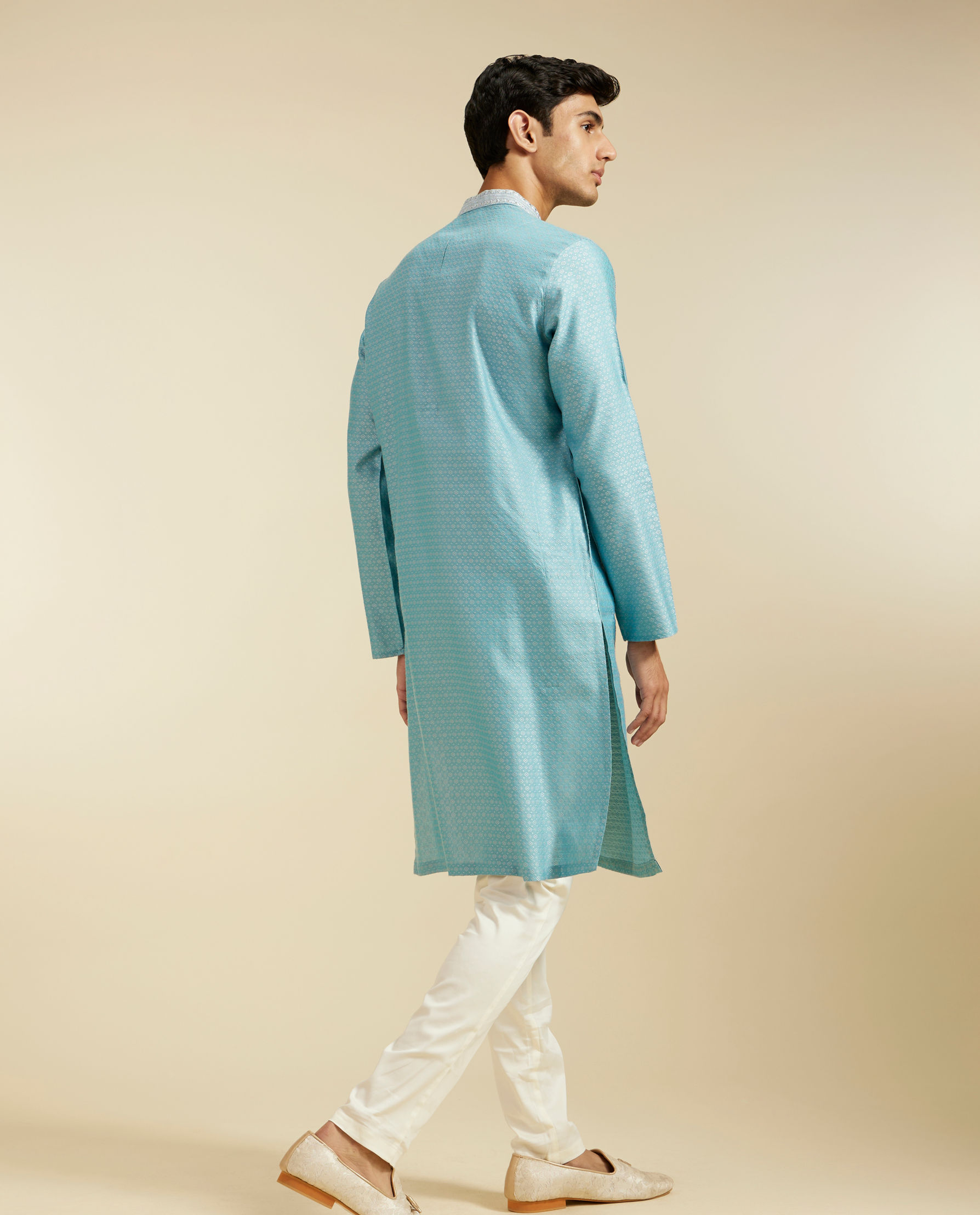 Diwas Men Powder Blue Floral Buta Patterned Kurta with Sequinned Neckline