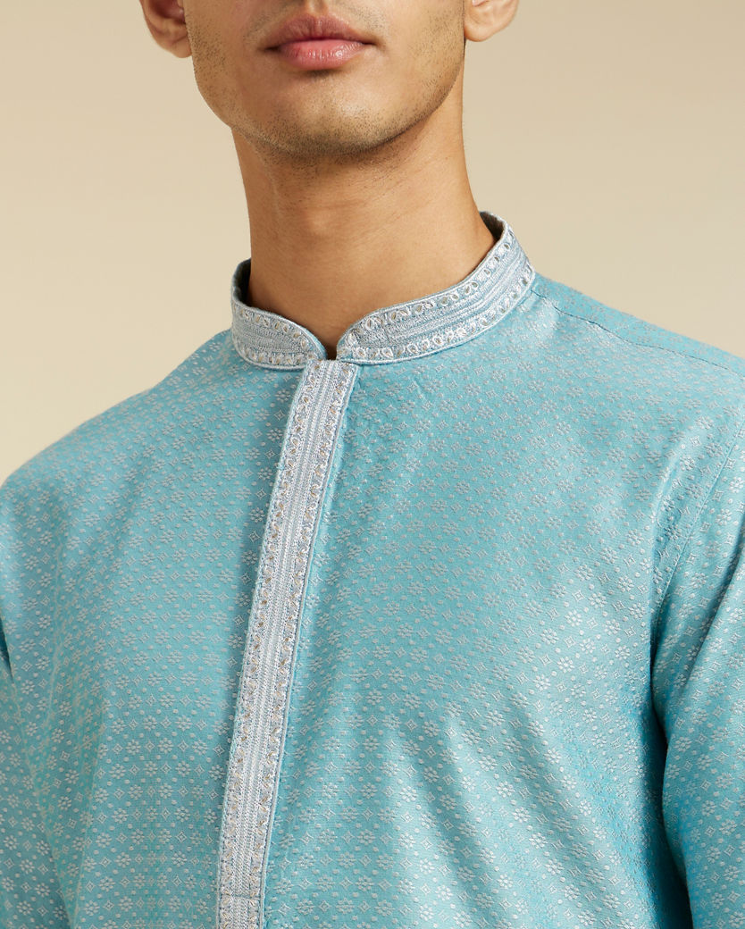 Diwas Men Powder Blue Floral Buta Patterned Kurta with Sequinned Neckline