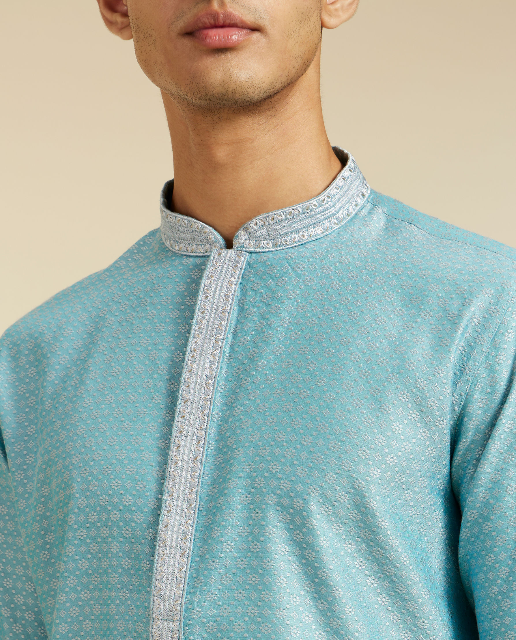 Diwas Men Powder Blue Floral Buta Patterned Kurta with Sequinned Neckline