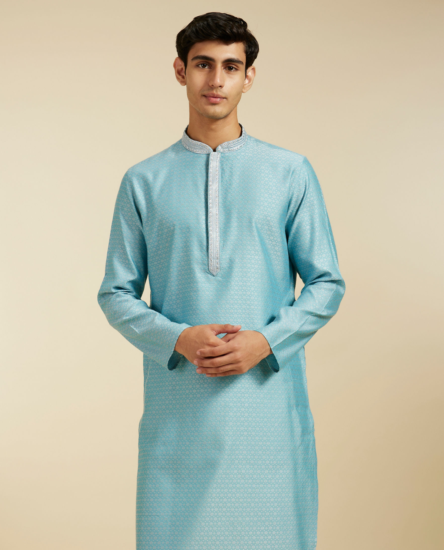 Diwas Men Powder Blue Floral Buta Patterned Kurta with Sequinned Neckline