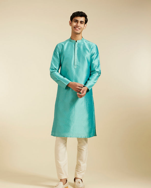 Diwas Men Aqua Green Lattice Patterned Kurta with Striped Placket