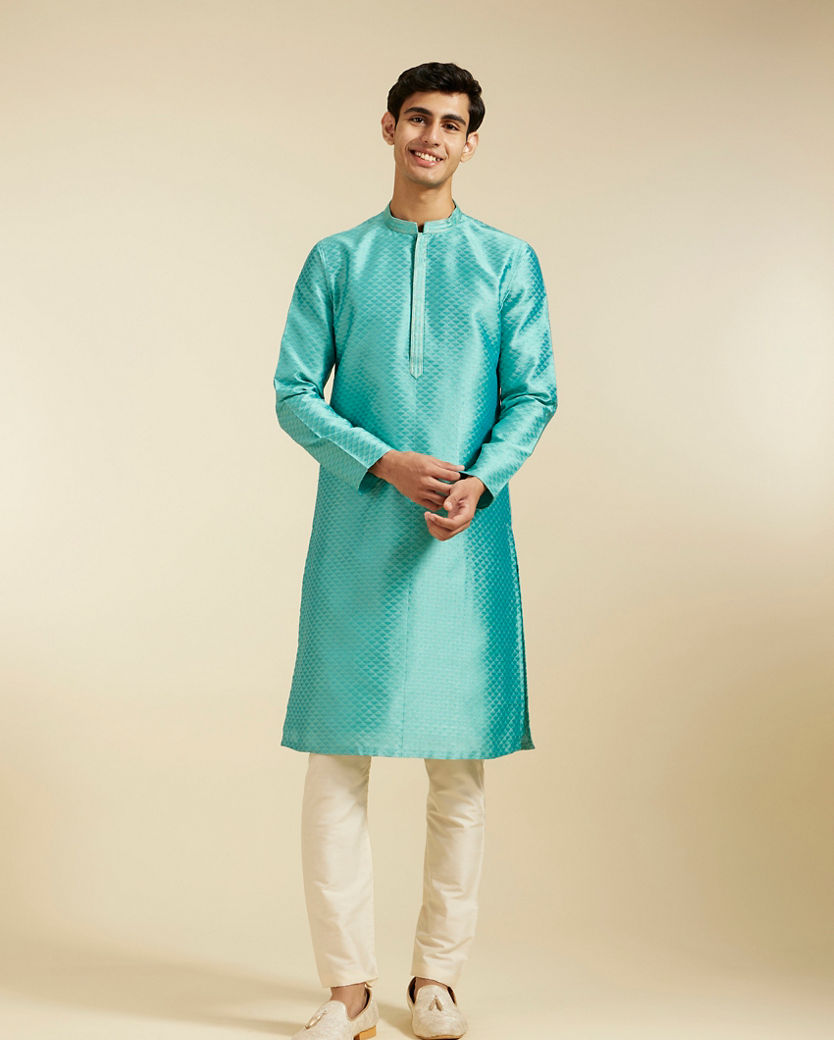 Diwas Men Aqua Green Lattice Patterned Kurta with Striped Placket