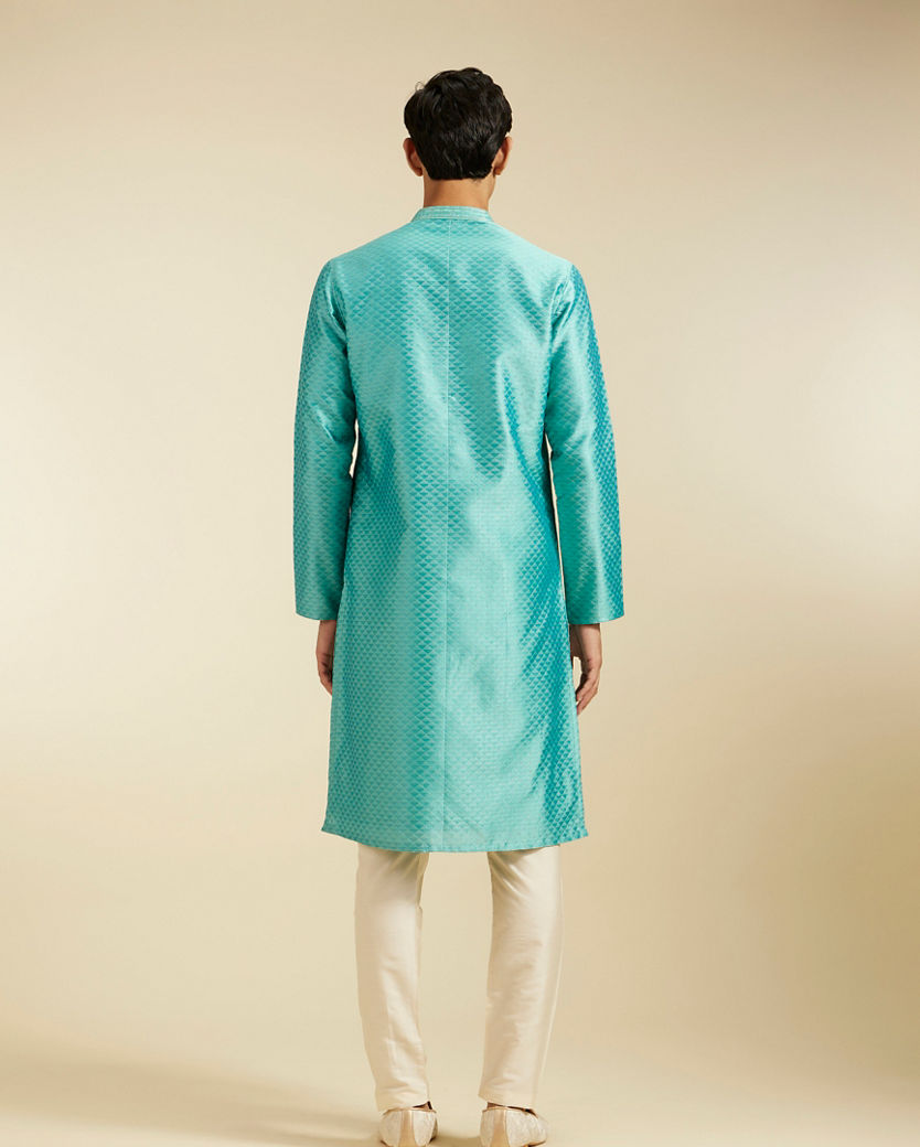 Diwas Men Aqua Green Lattice Patterned Kurta with Striped Placket