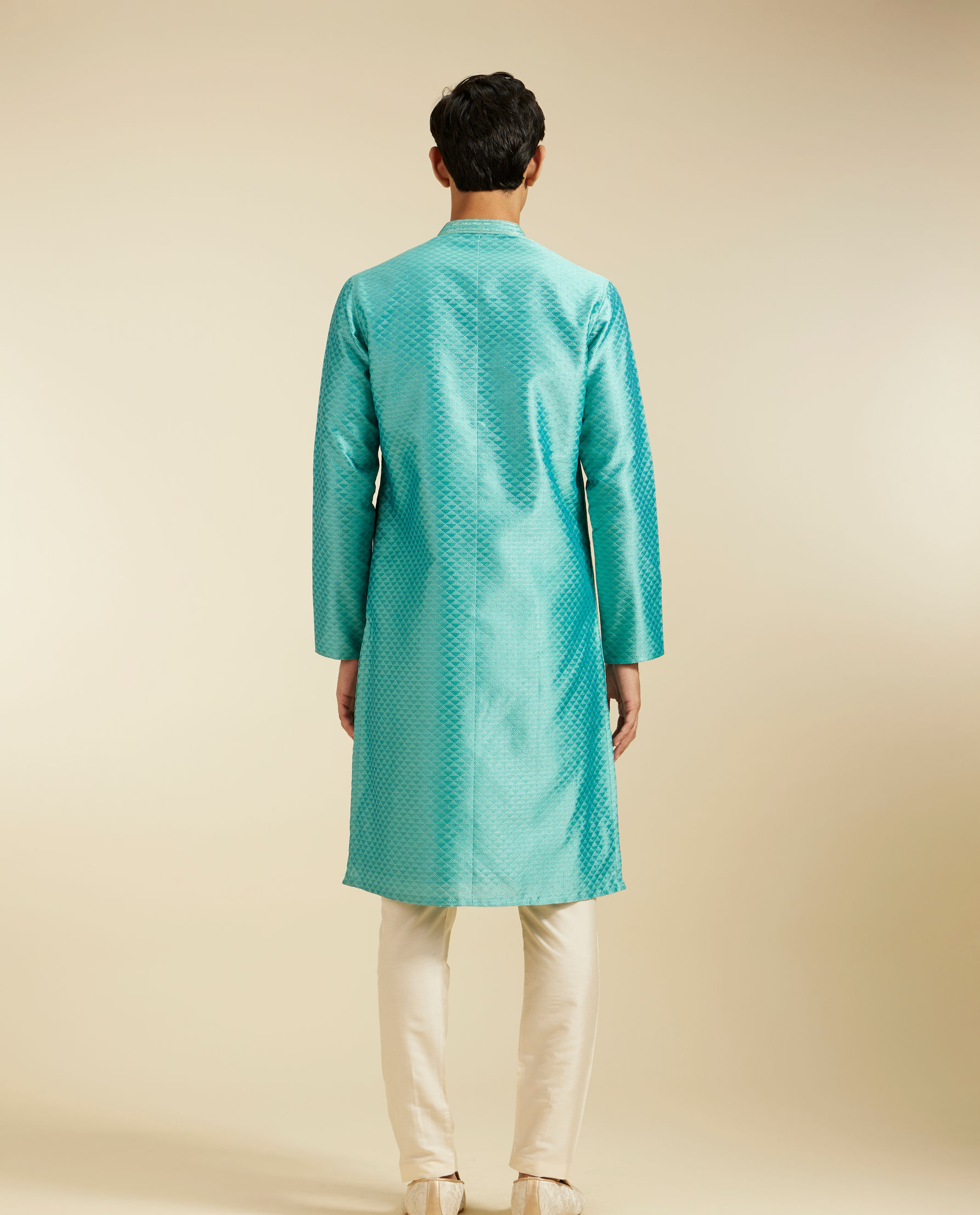 Diwas Men Aqua Green Lattice Patterned Kurta with Striped Placket