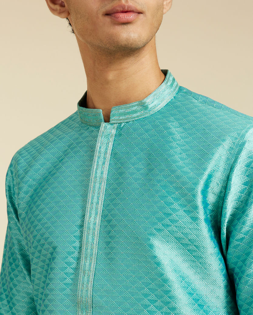 Diwas Men Aqua Green Lattice Patterned Kurta with Striped Placket