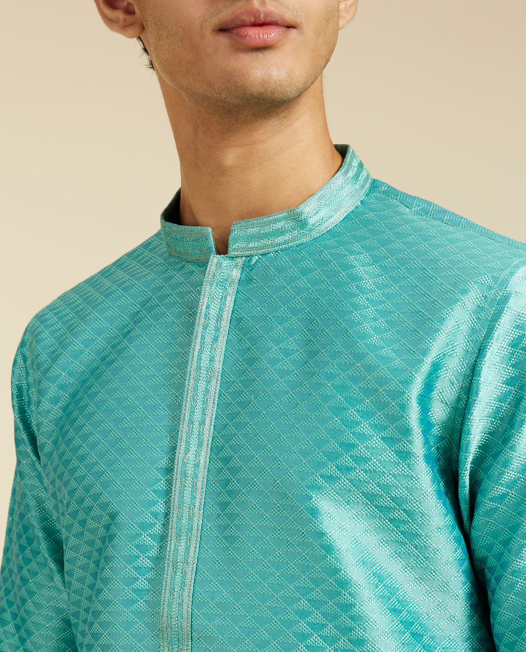 Diwas Men Aqua Green Lattice Patterned Kurta with Striped Placket