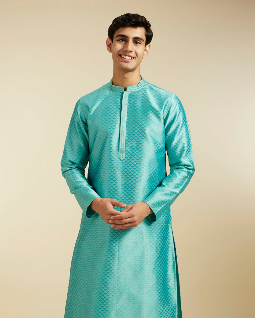 Diwas Men Aqua Green Lattice Patterned Kurta with Striped Placket