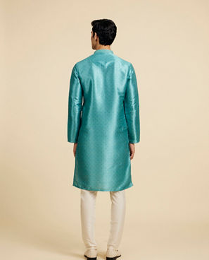 Diwas Men Aqua Green Jaal Patterned Kurta with Striped Neckline