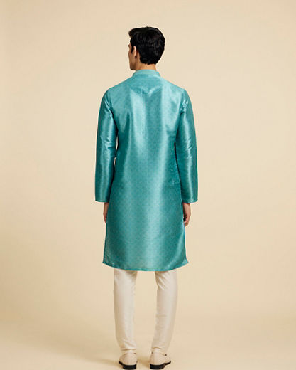 Diwas Men Aqua Green Jaal Patterned Kurta with Striped Neckline