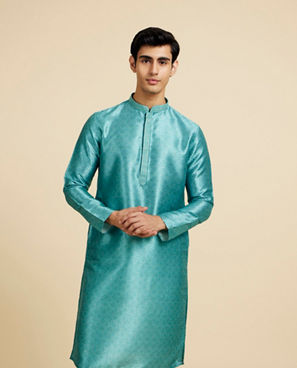 Diwas Men Aqua Green Jaal Patterned Kurta with Striped Neckline