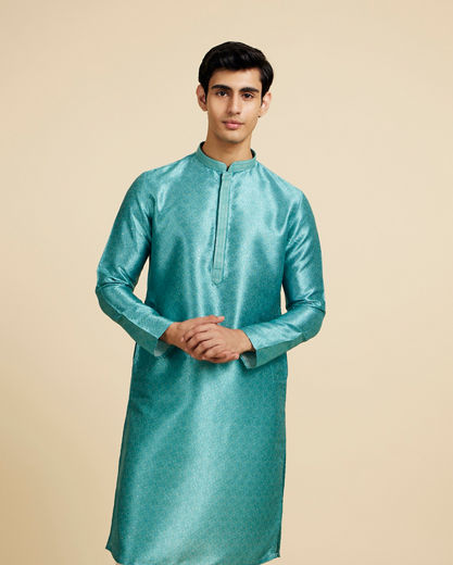 Diwas Men Aqua Green Jaal Patterned Kurta with Striped Neckline