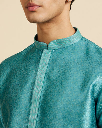 Diwas Men Aqua Green Jaal Patterned Kurta with Striped Neckline