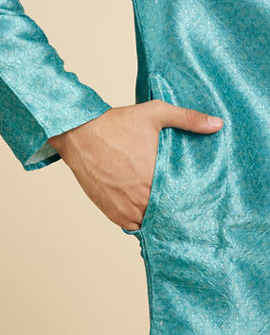 Diwas Men Aqua Green Jaal Patterned Kurta with Striped Neckline