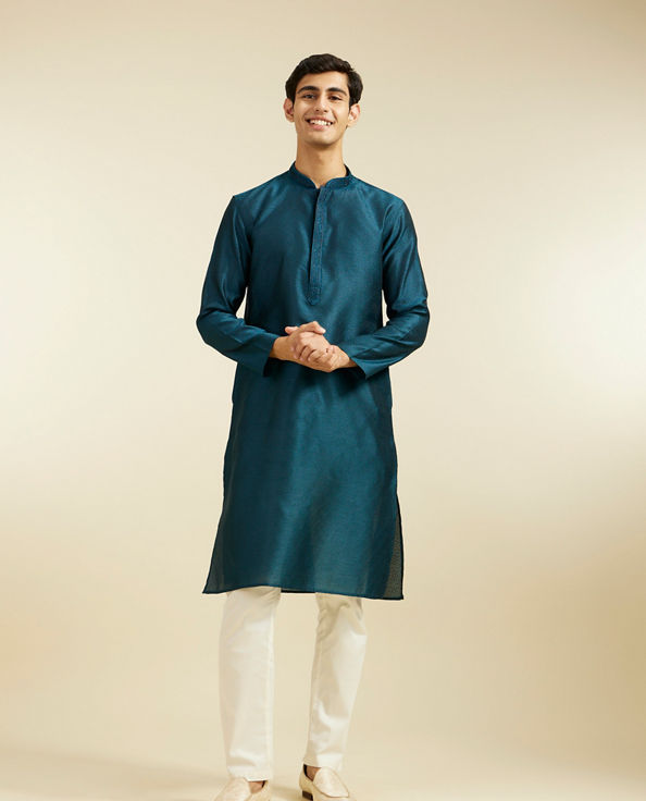 Diwas Men Teal Blue Grid Patterned Kurta with Embroidered Neckline