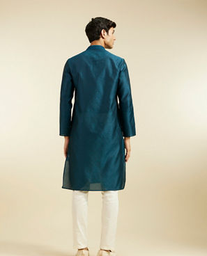 Diwas Men Teal Blue Grid Patterned Kurta with Embroidered Neckline