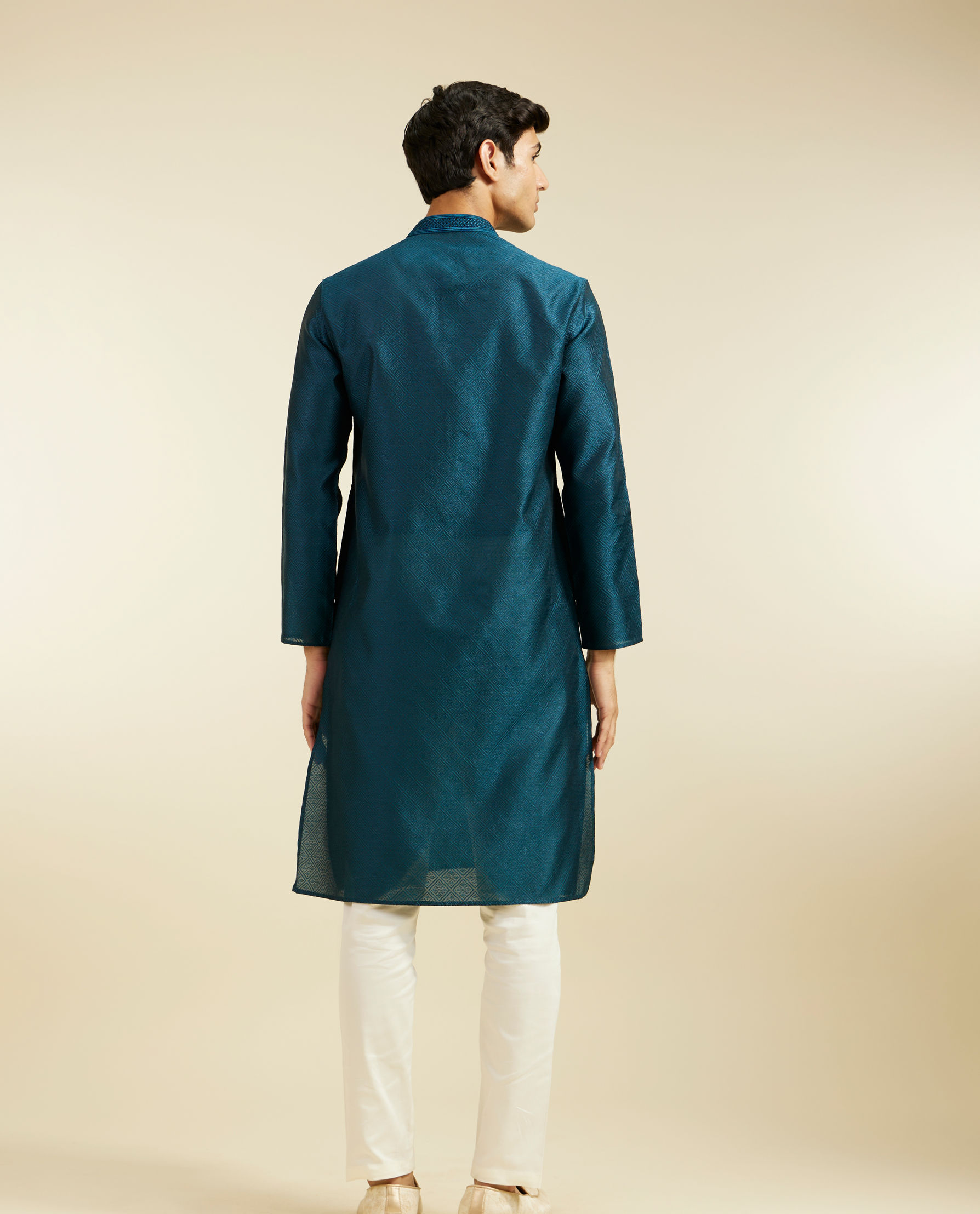 alt message - Diwas Men Teal Blue Grid Kurta with Embroidered Neckline image number 4