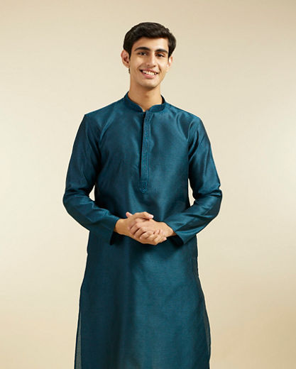Diwas Men Teal Blue Grid Patterned Kurta with Embroidered Neckline