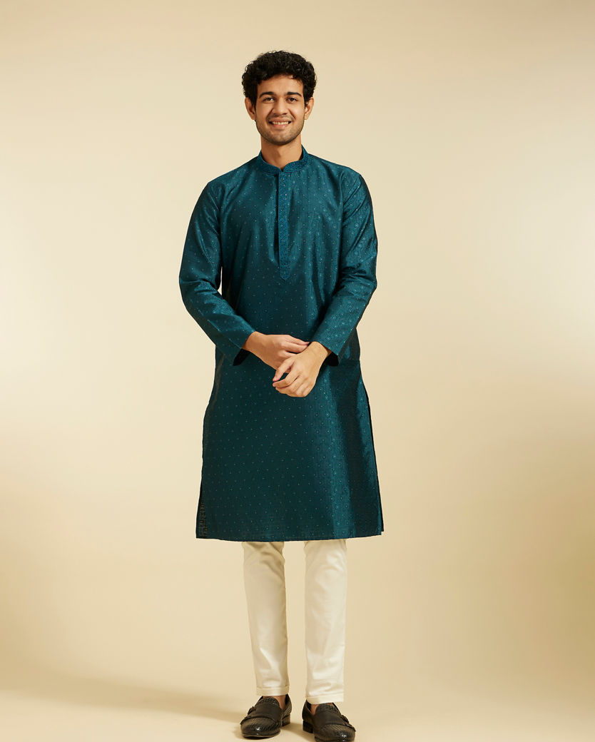 Diwas Men Teal Blue Buta Patterned Kurta with Rhinestones