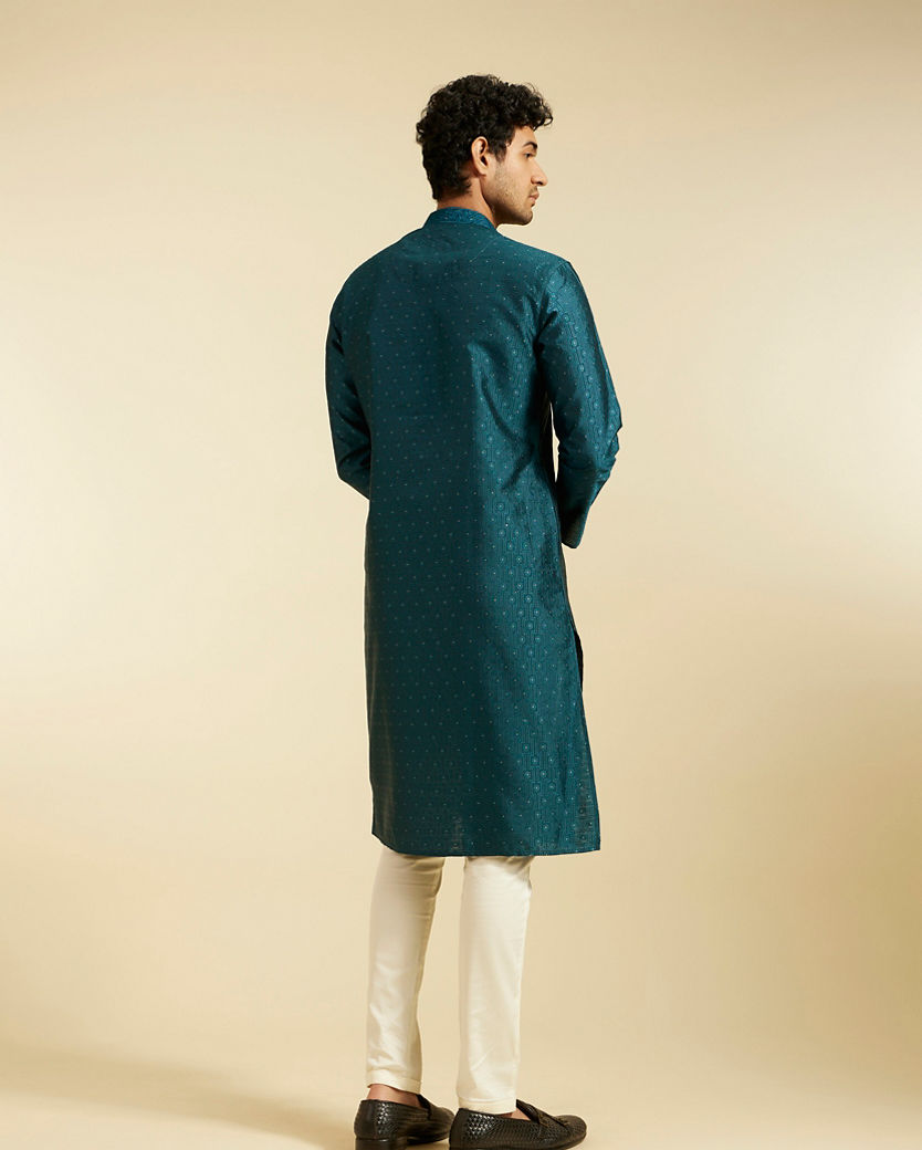 Diwas Men Teal Blue Buta Patterned Kurta with Rhinestones