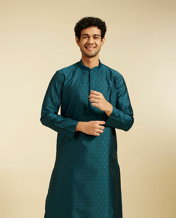 Diwas Men Teal Blue Buta Patterned Kurta with Rhinestones